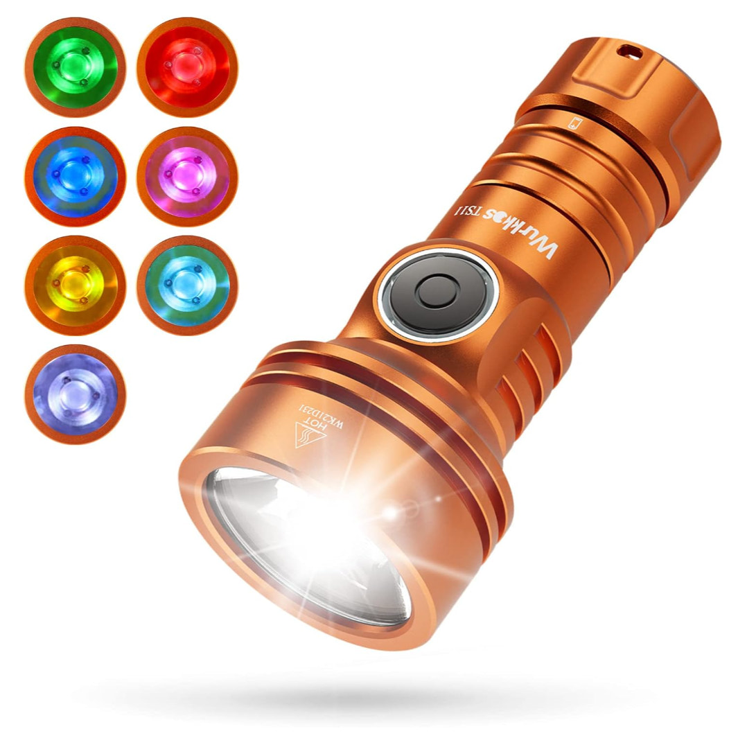 Orange flashlight with color-changing lens options on a white background