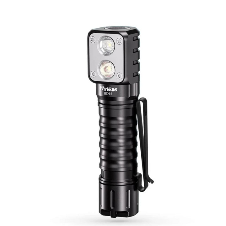 Black flashlight with visible brand logo on a white background