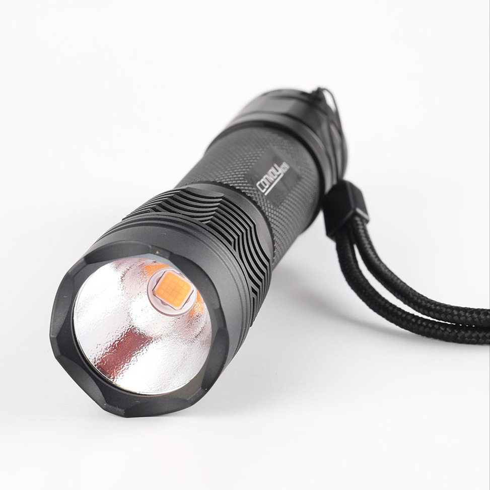 Black flashlight with visible brand logo on a white background