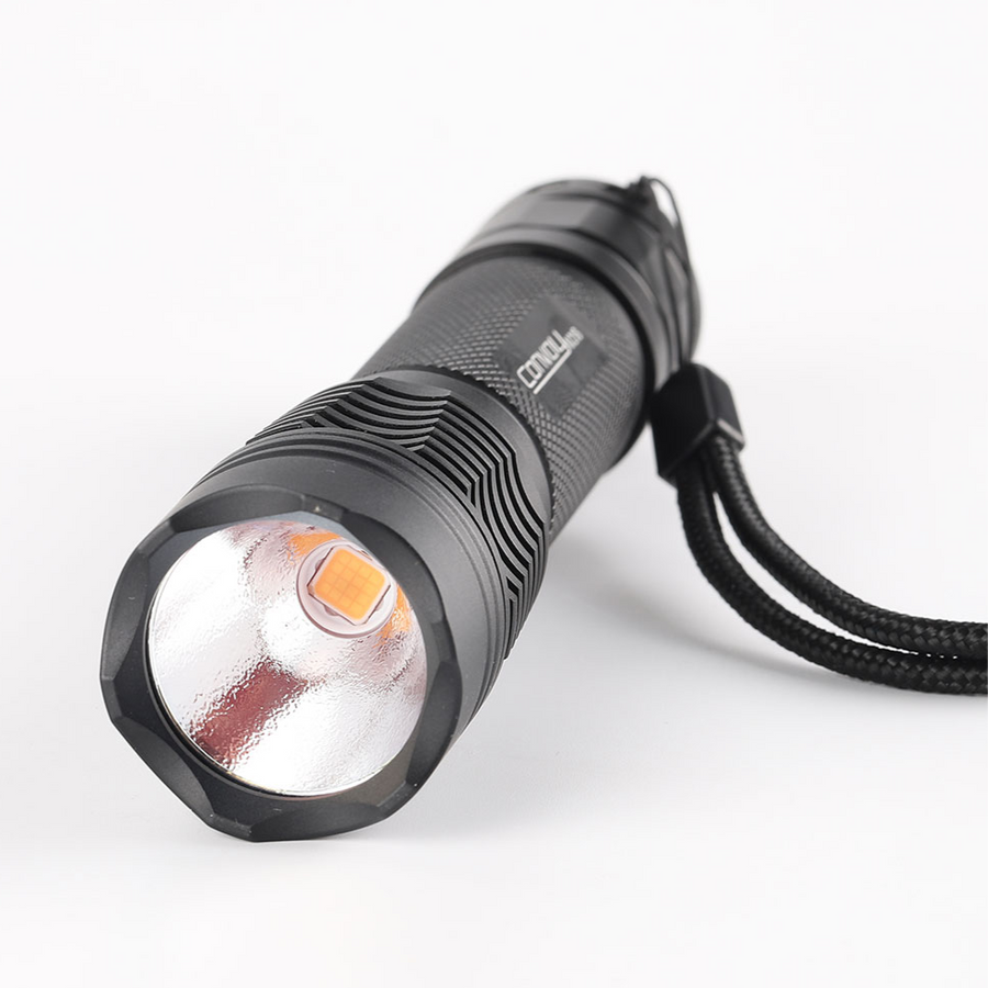 Black flashlight with visible brand logo on a white background
