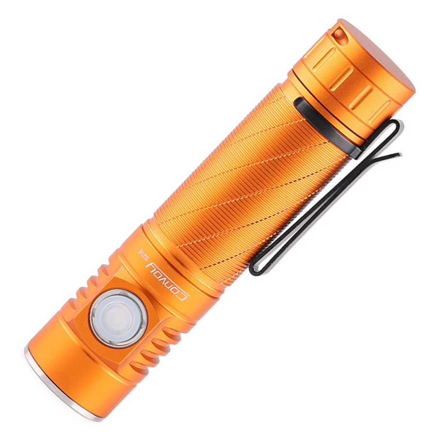 Orange flashlight with a black strap on a white background