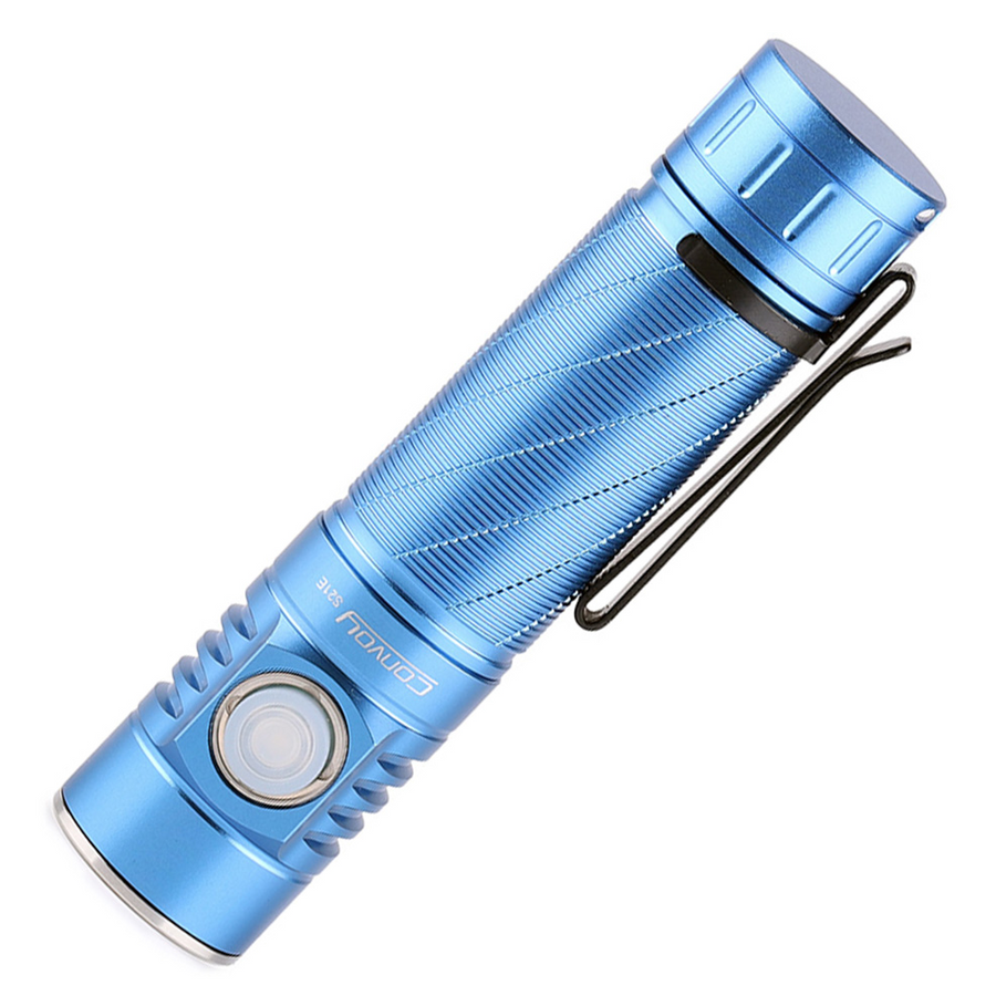 Blue flashlight with a black clip on a white background