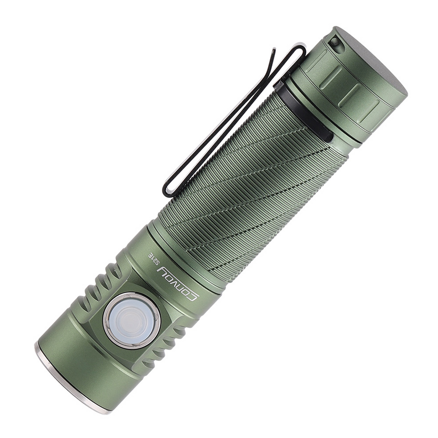 Green flashlight with a black clip on a white background