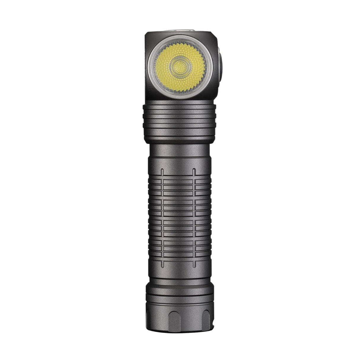 Black flashlight with a yellow light on a white background