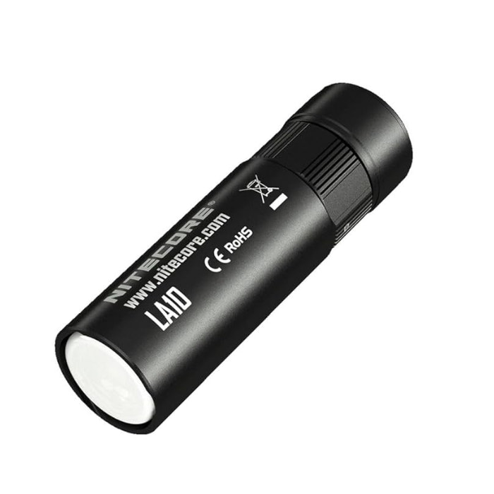Black flashlight with visible branding on a white background