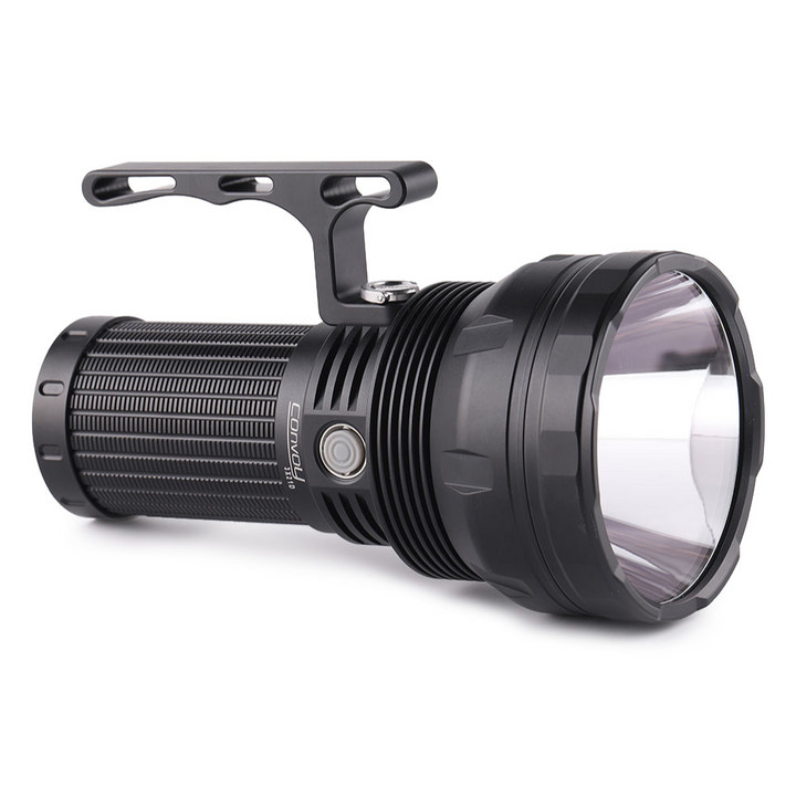 Black flashlight with a white background