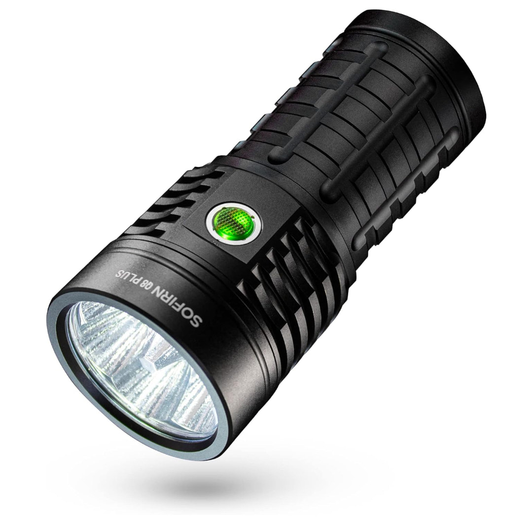 Black flashlight with visible brand name on a white background