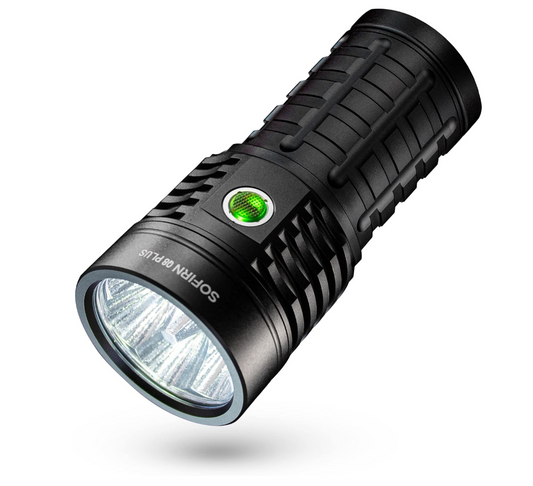 Black flashlight with visible brand name on a white background