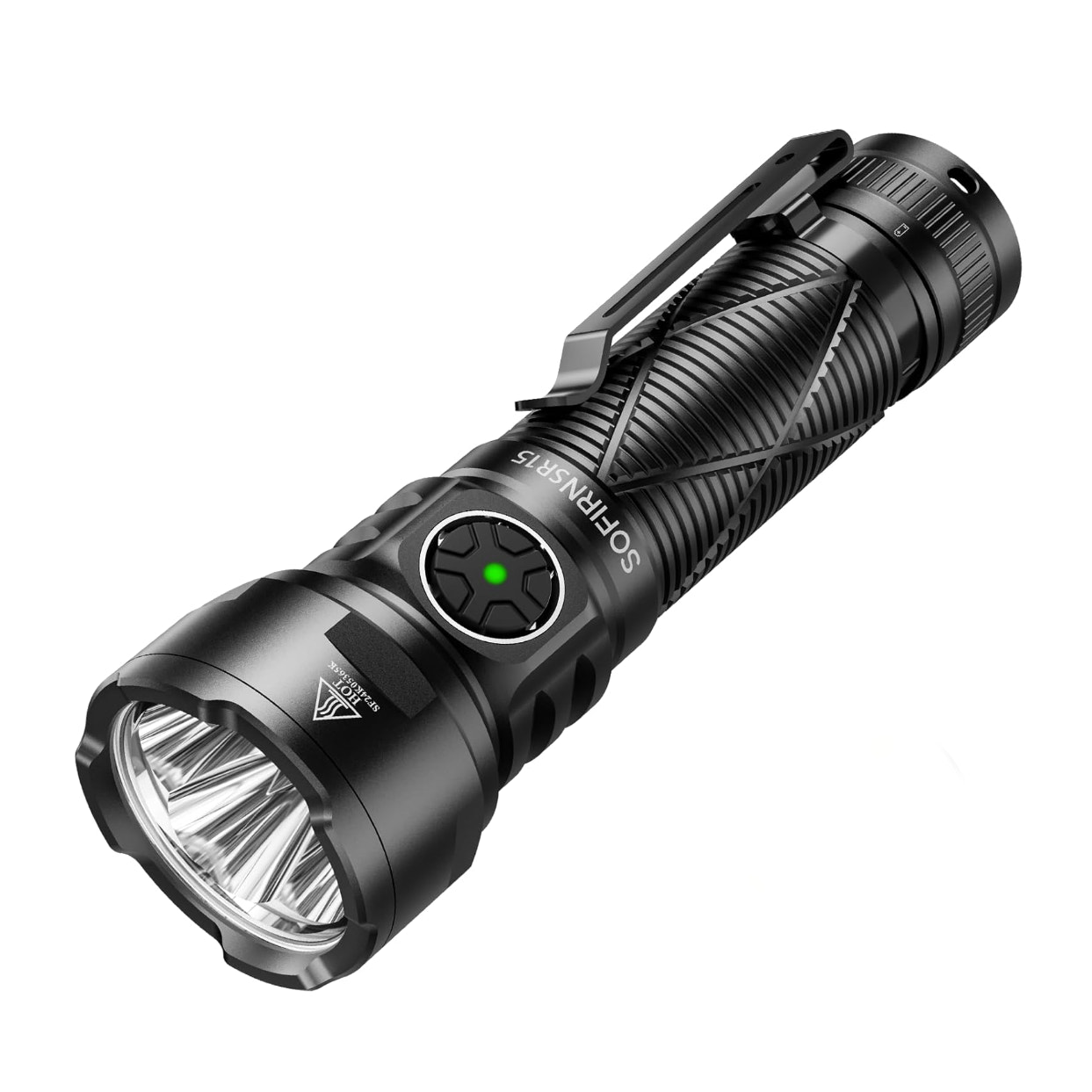 Black flashlight with visible branding on a white background