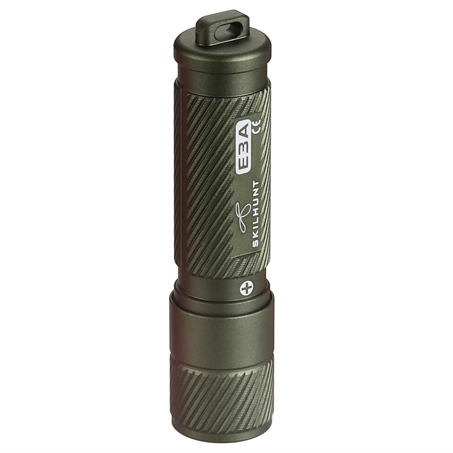 Green flashlight with brand logo on a white background