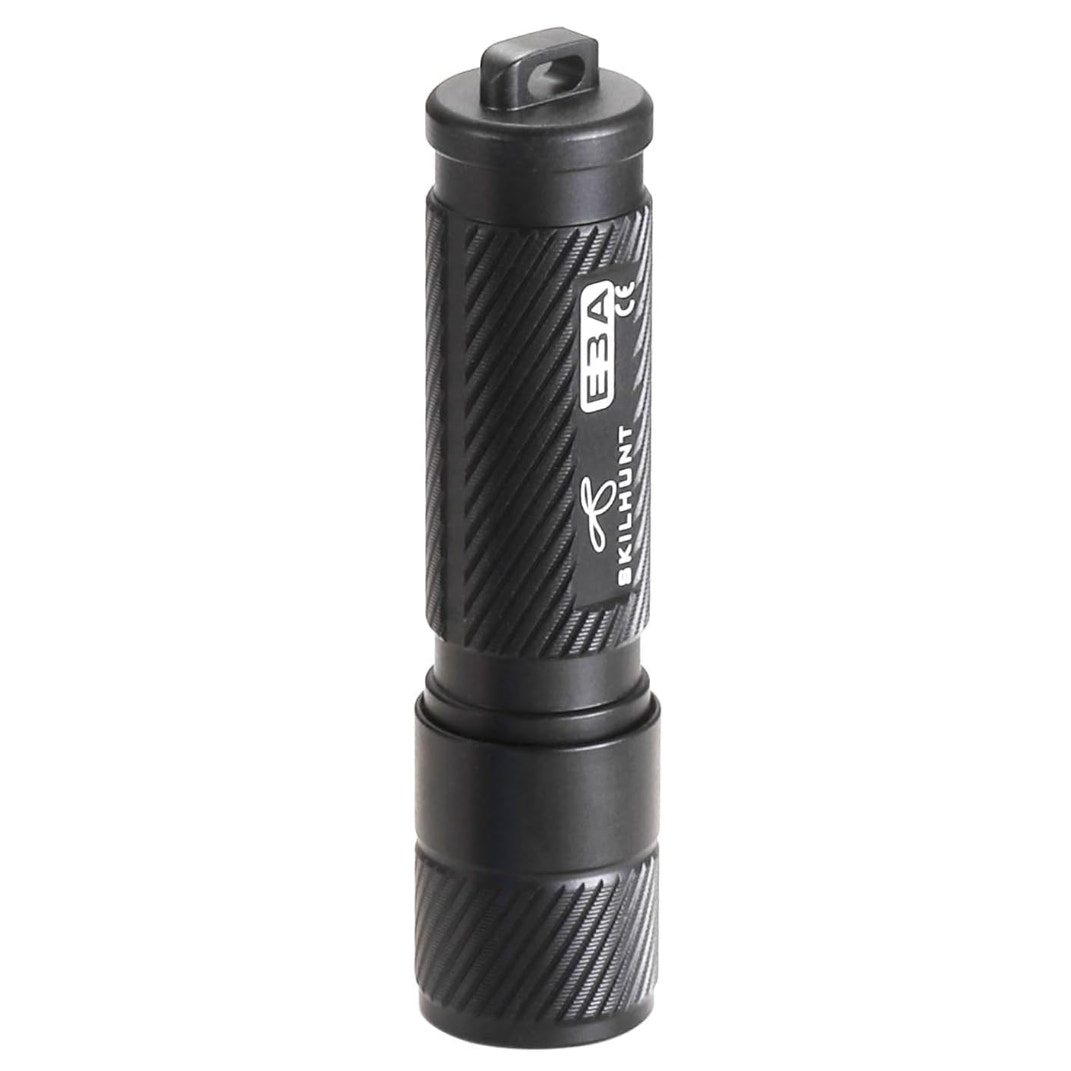 Black flashlight with textured grip and brand logo on a white background