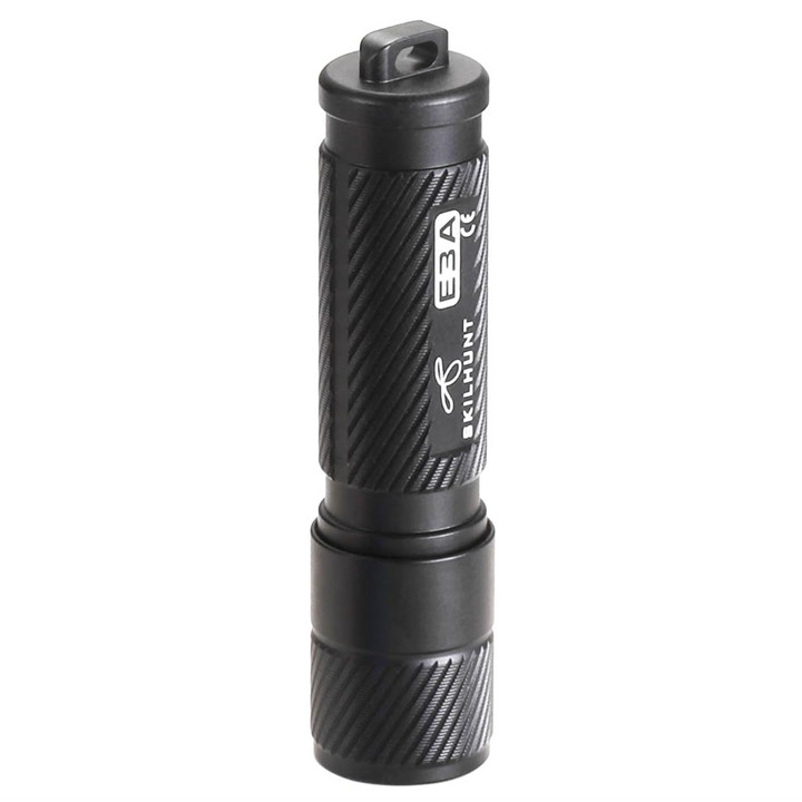 Black flashlight with textured grip and brand logo on a white background