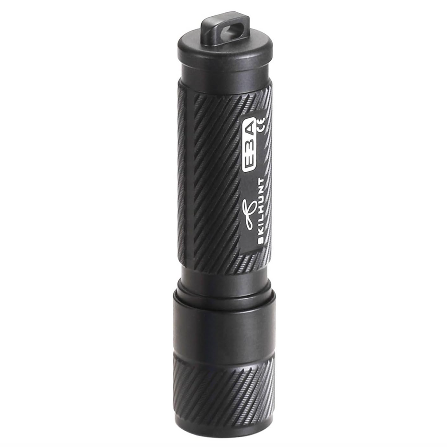 Black flashlight with textured grip and brand logo on a white background