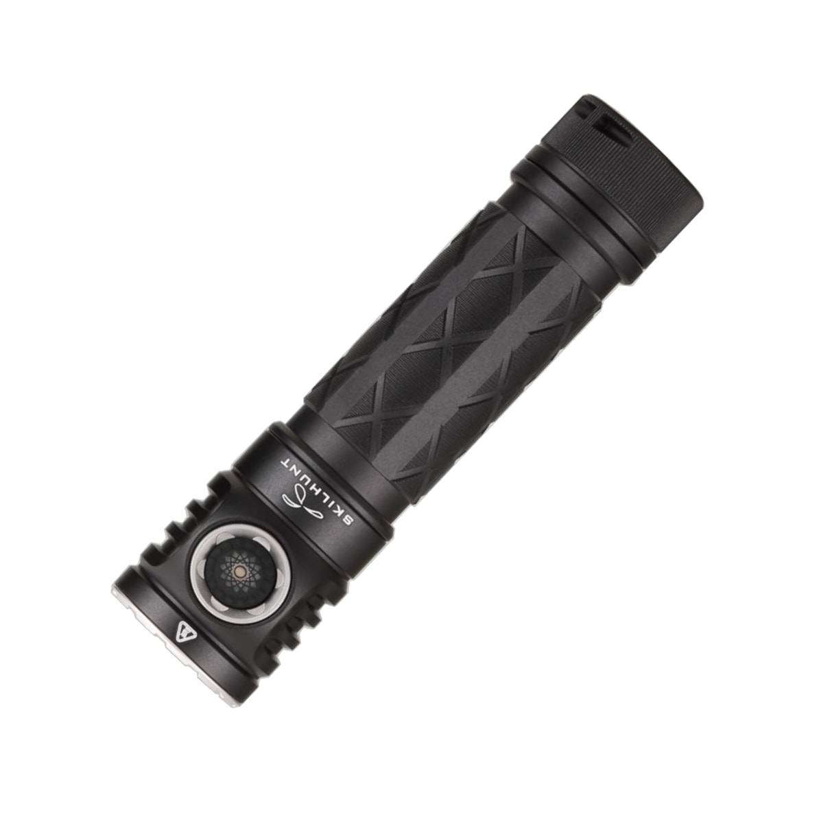Black flashlight with brand logo on a white background