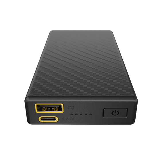 Black power bank with digital display and power button on a white background