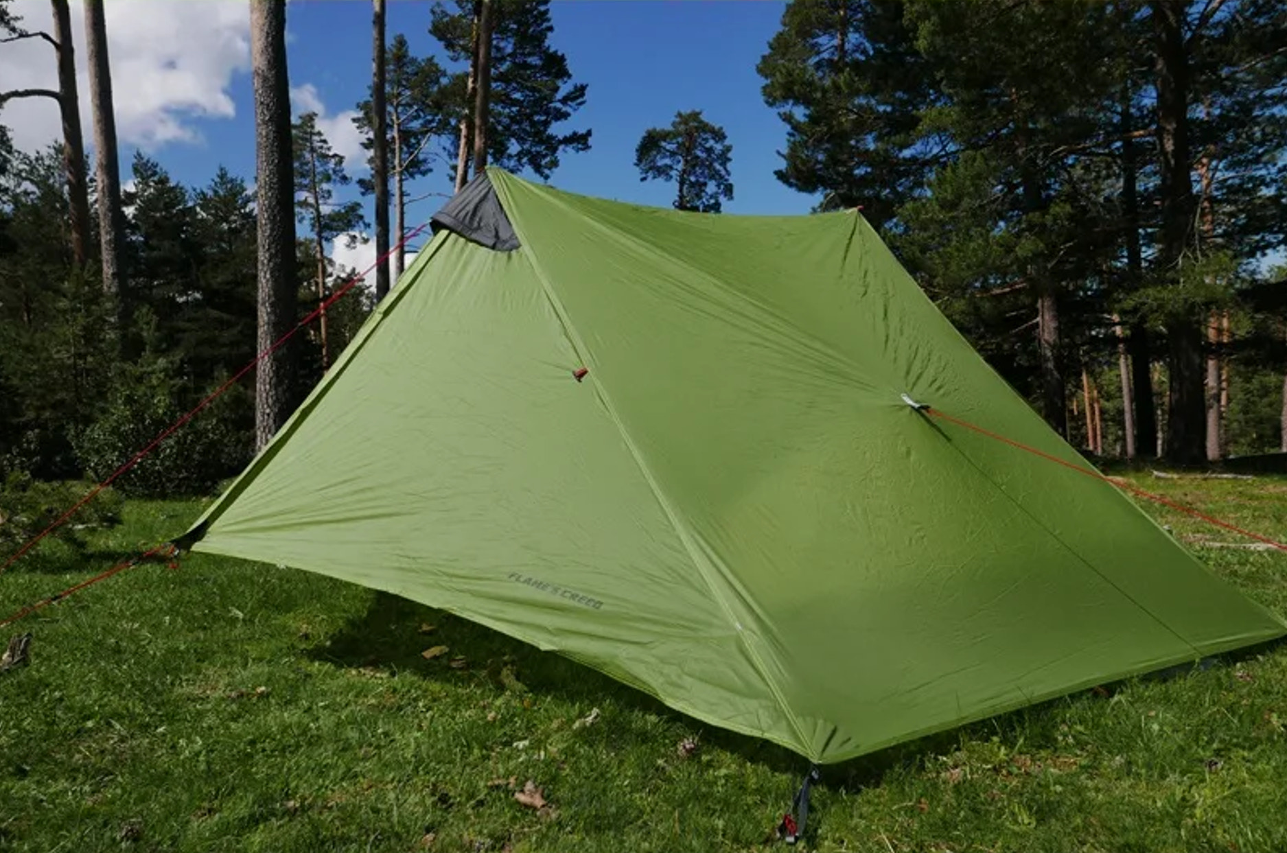 Green tent set up in a grassy area with trees in the background