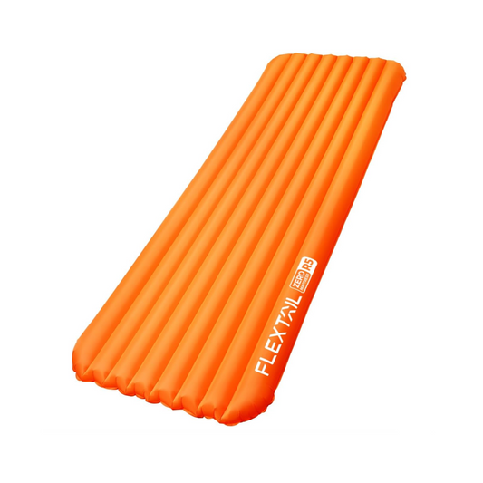Orange inflatable mattress with 'FLEXTAIL' branding on a white background