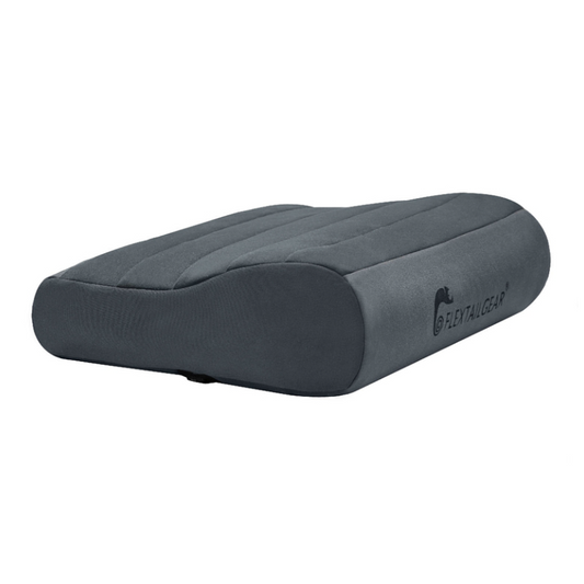 Gray inflatable pillow with 'FLEXTAILCARE' branding on a white background