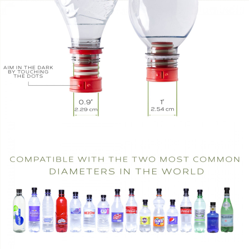 Measurement chart showing bottle compatibility with two common diameters, accompanied by a row of various bottles.