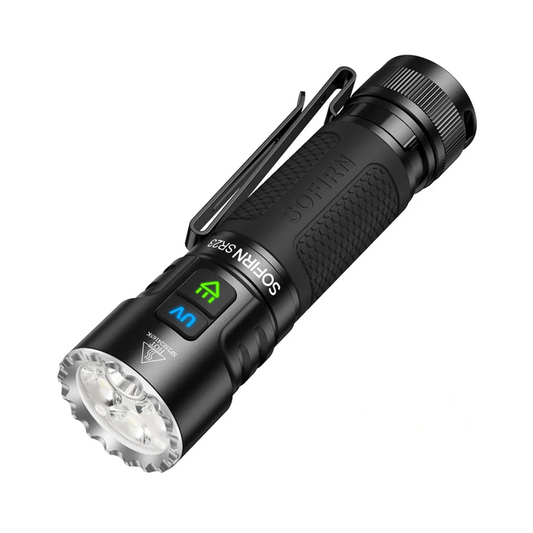 Black flashlight with visible branding on a white background