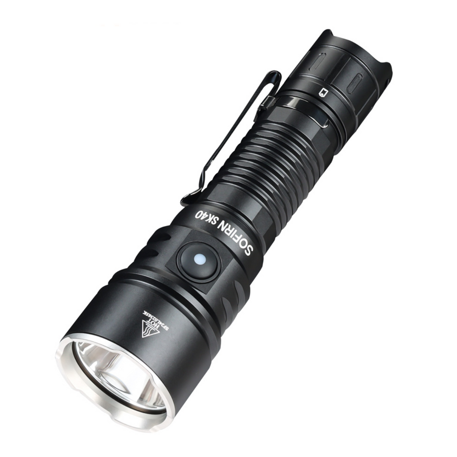 Black flashlight with visible brand logo on a white background