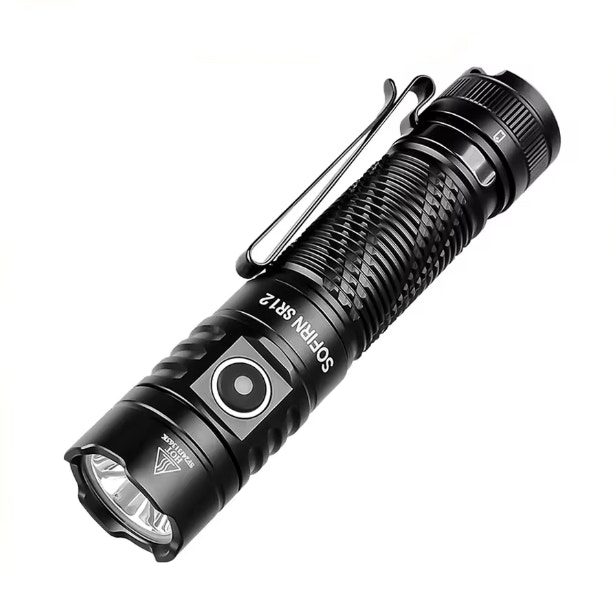 Black flashlight with visible branding on a white background