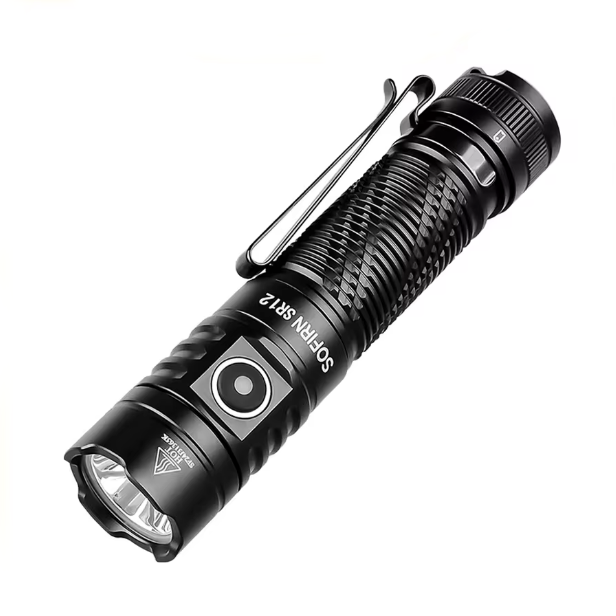 Black flashlight with visible branding on a white background