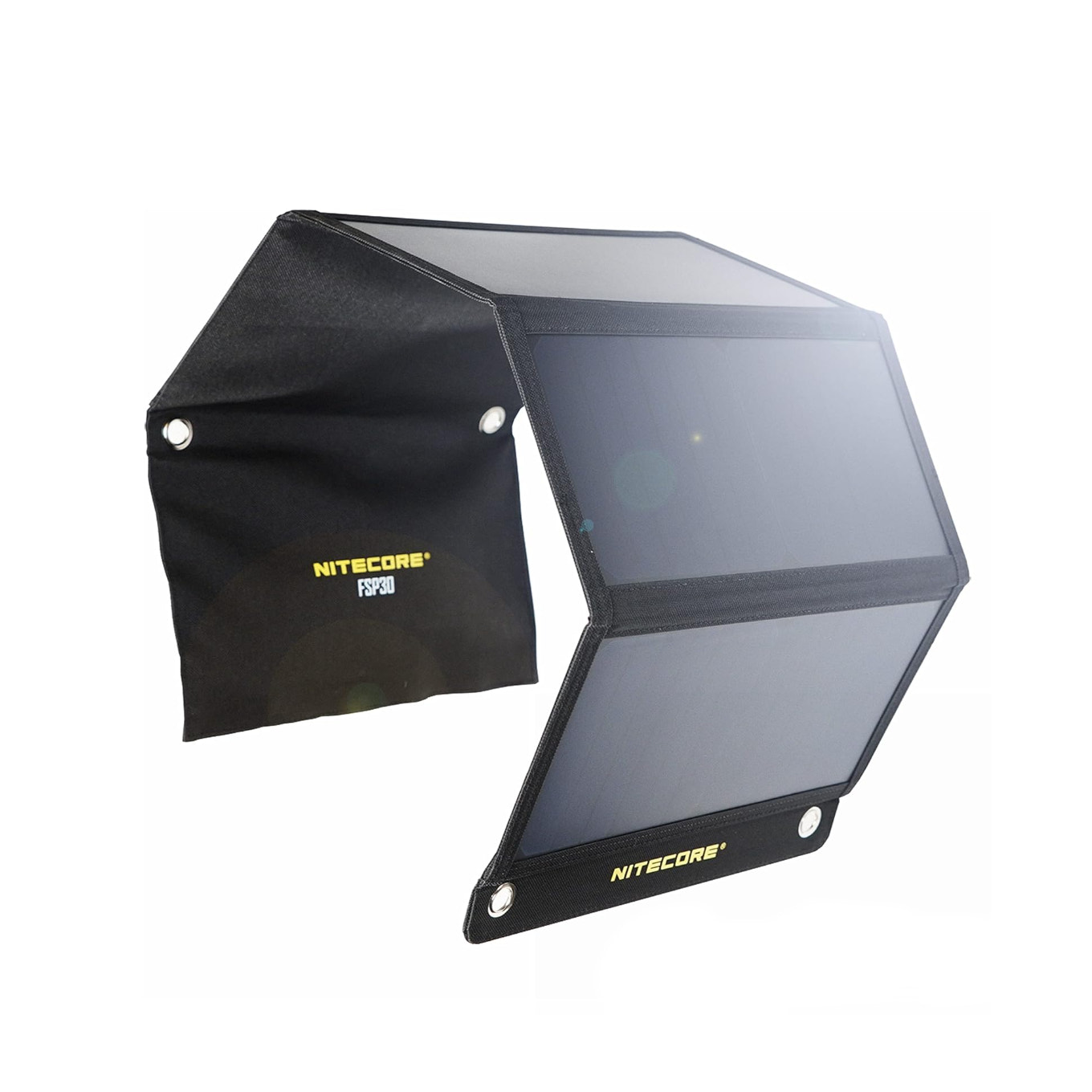 Nitecore solar panel with black carrying case on a white background