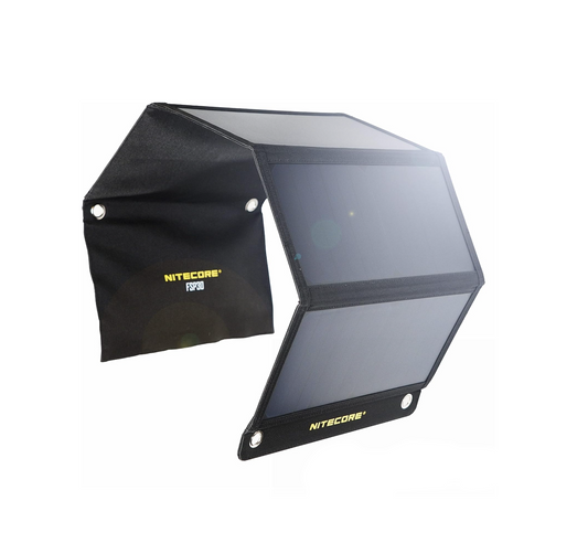 Nitecore solar panel with black carrying case on a white background