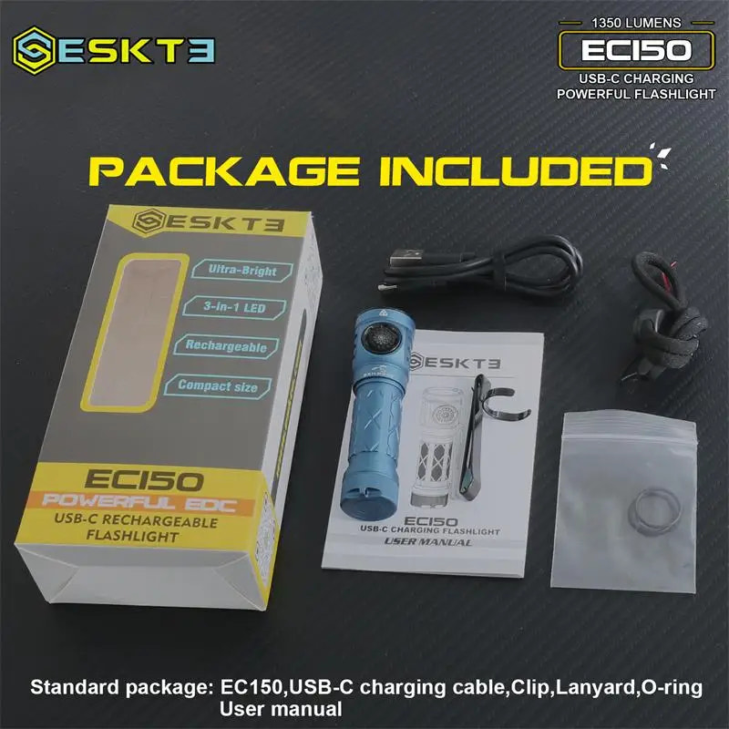 Eskt3 EC150 flashlight package with flashlight, box, USB cable, and user manual on a dark background