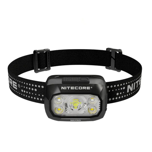 Nitecore headlamp with black strap on a white background