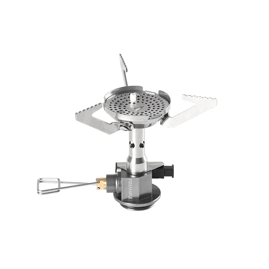 Portable camping stove with a mesh grate on a white background