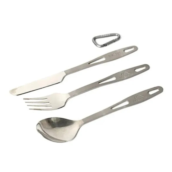 Set of camping utensils including a fork, spoon, and knife with a TOAKS logo on a white background.