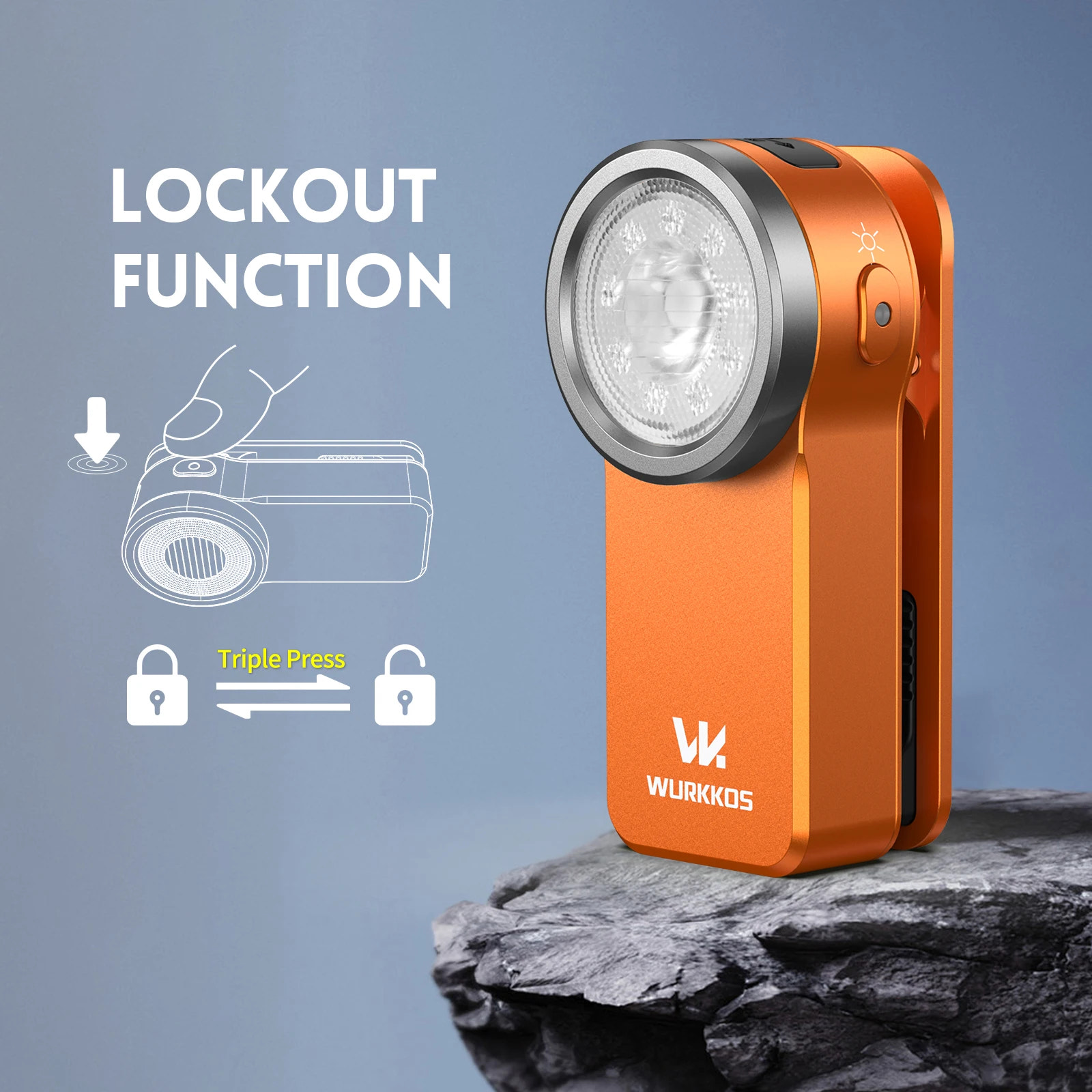 Orange flashlight with lockout function feature on a gray background