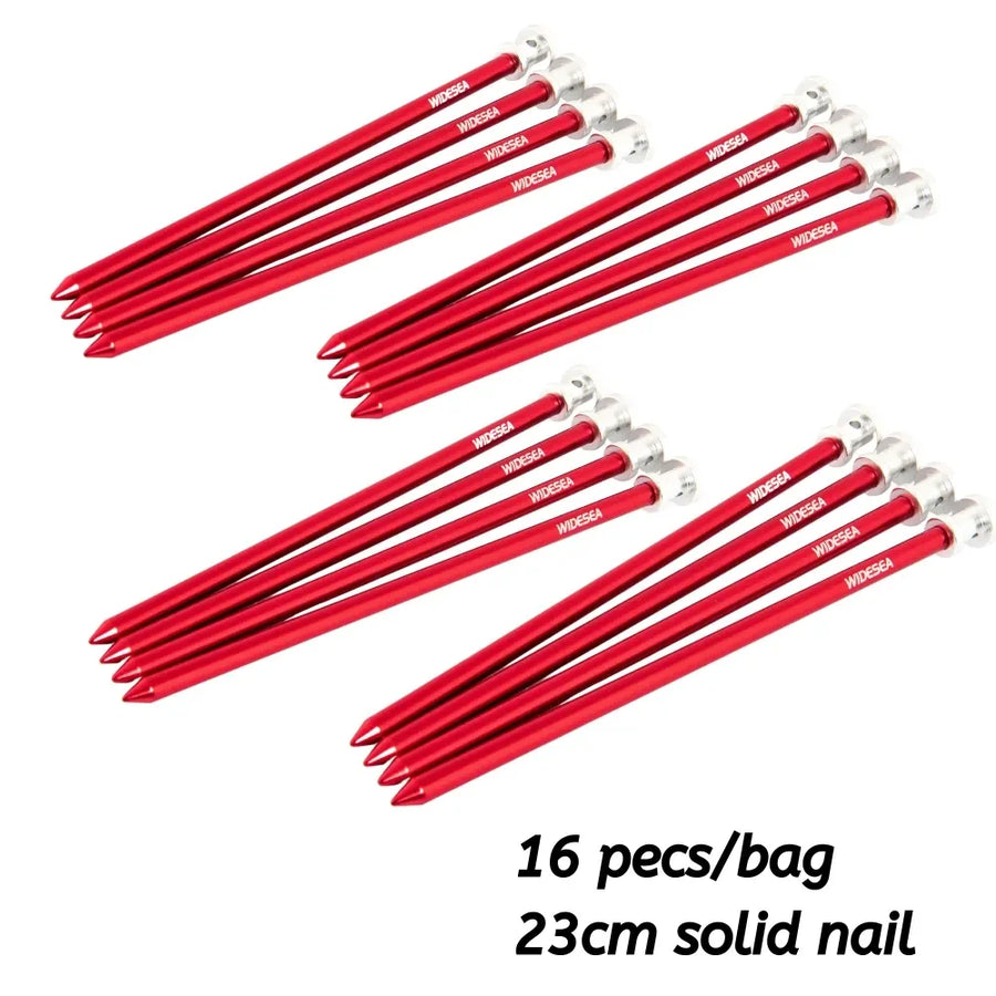 Red tent stakes with silver tips, labeled 'widesea', on a white background.
