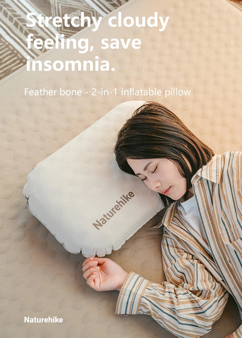 Person lying on a beige bed with a white inflatable pillow, featuring text about insomnia relief.