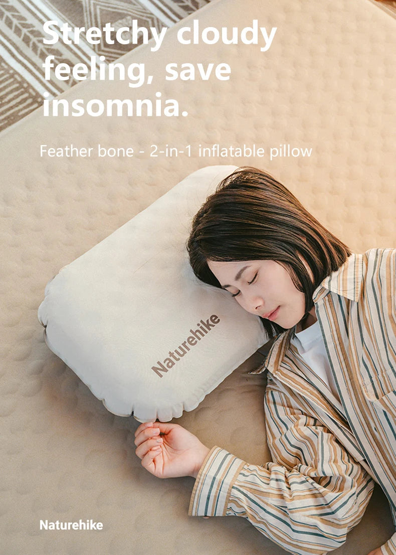 Person lying on a beige bed with a white inflatable pillow, featuring text about insomnia relief.