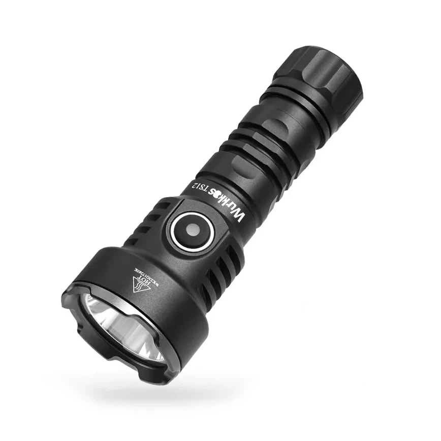 Black flashlight with visible brand logo on a white background