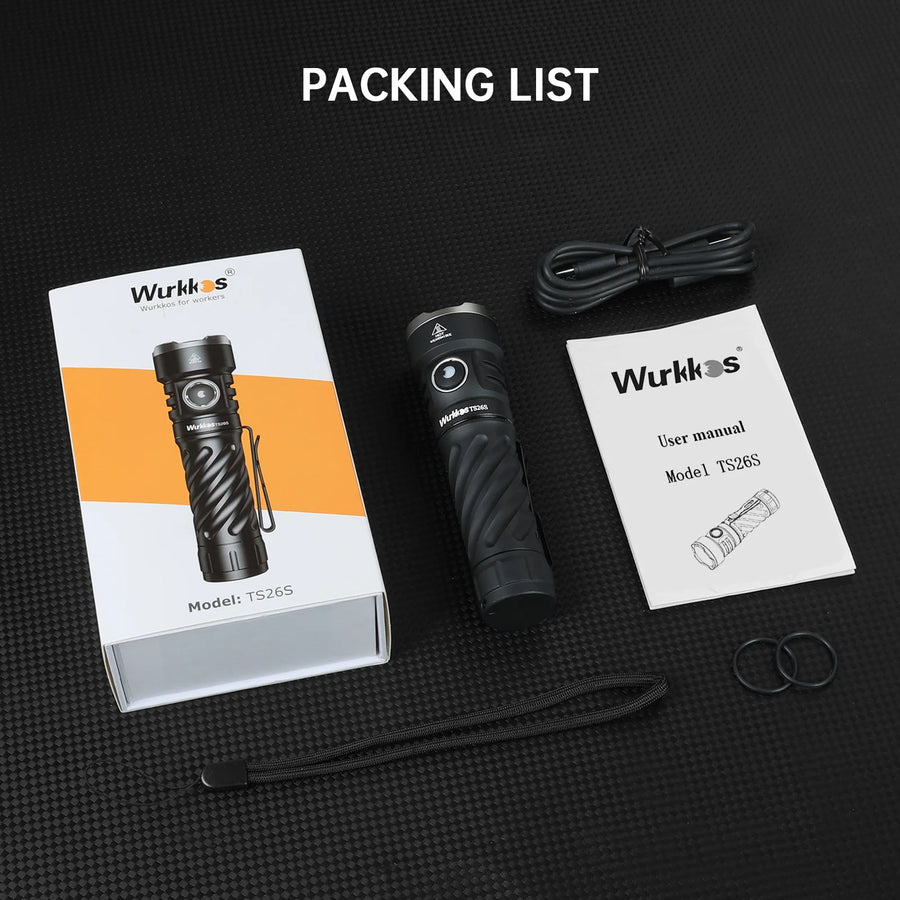 Wurkkos flashlight with packaging, user manual, and cable on a black textured background