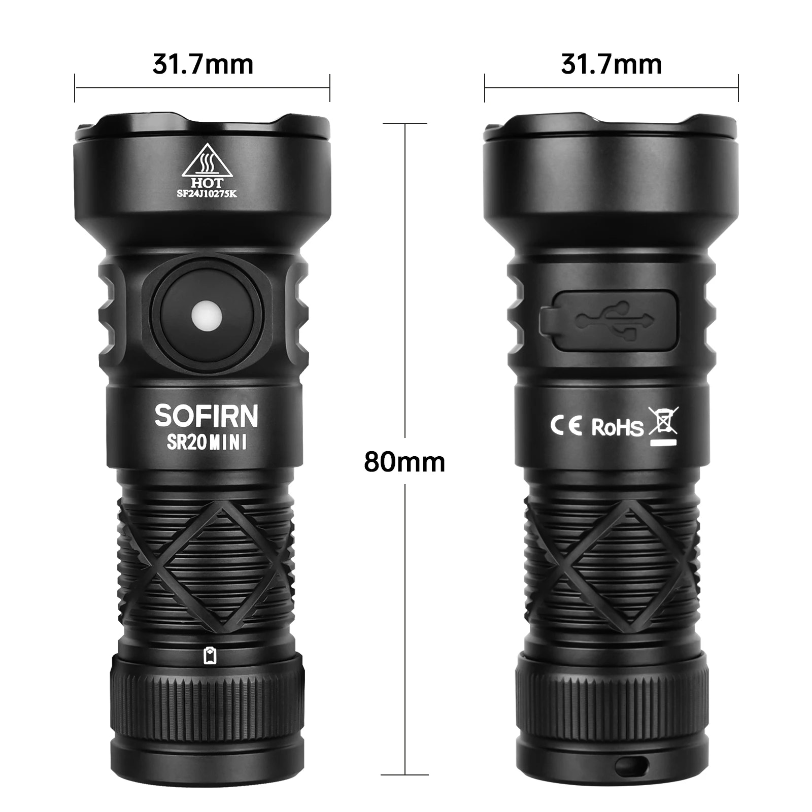 Two black flashlights with dimensions labeled on a white background