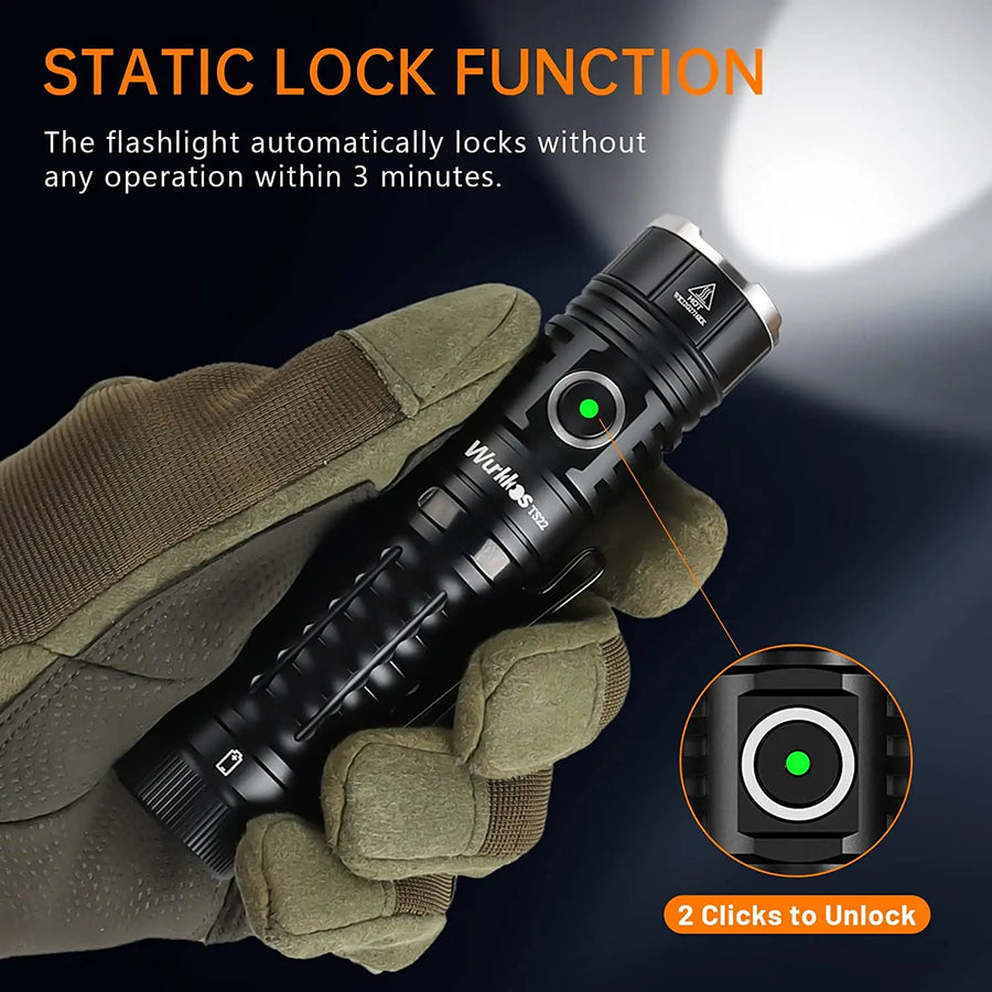 Flashlight held in a gloved hand with 'Static Lock Function' text and glove inset.