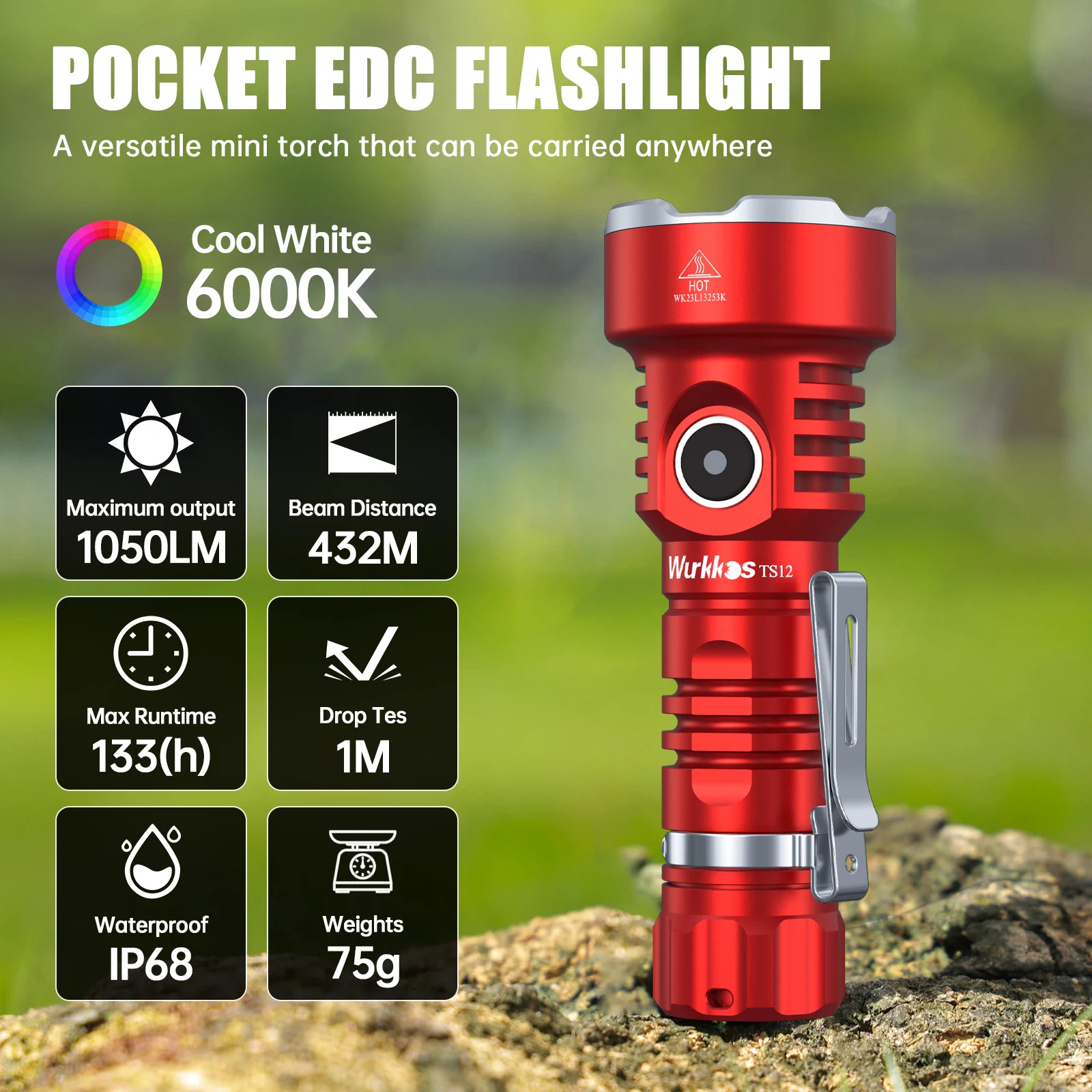 Red pocket EDC flashlight with specifications on a natural background
