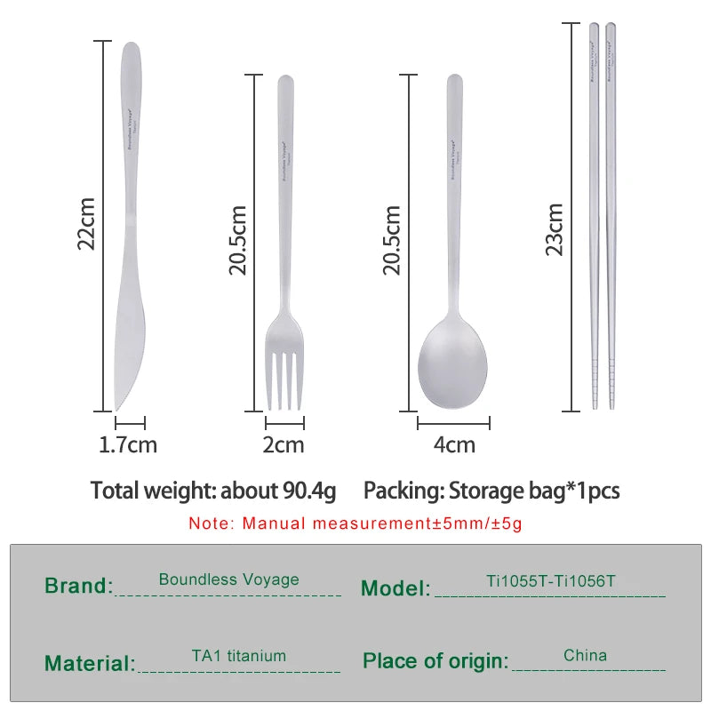 Measurement chart of titanium cutlery including knife, fork, spoon, and chopsticks with dimensions and weight details.