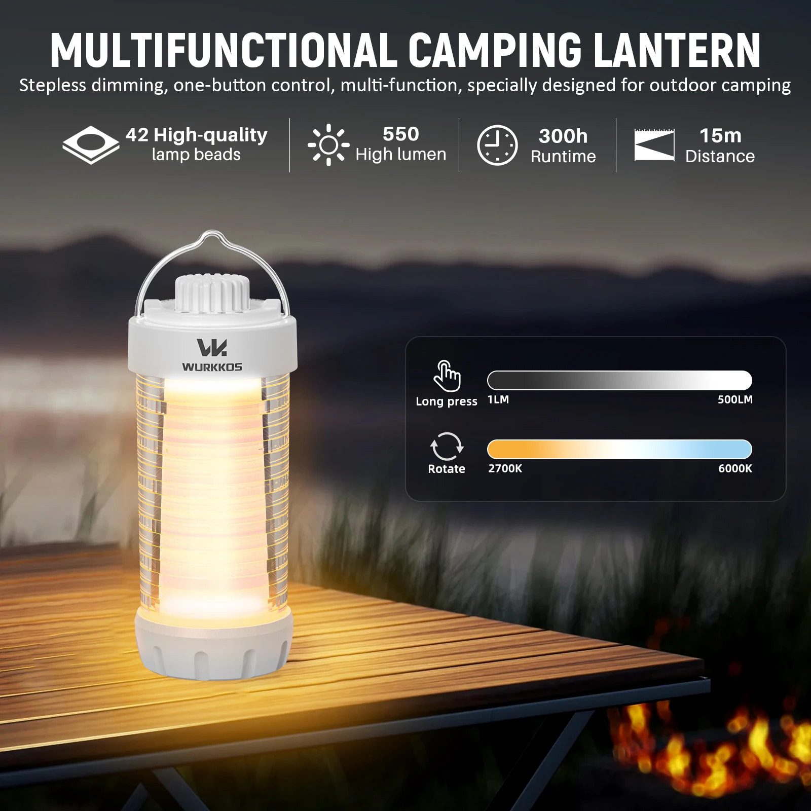 Multifunctional camping lantern on a wooden table with mountain background