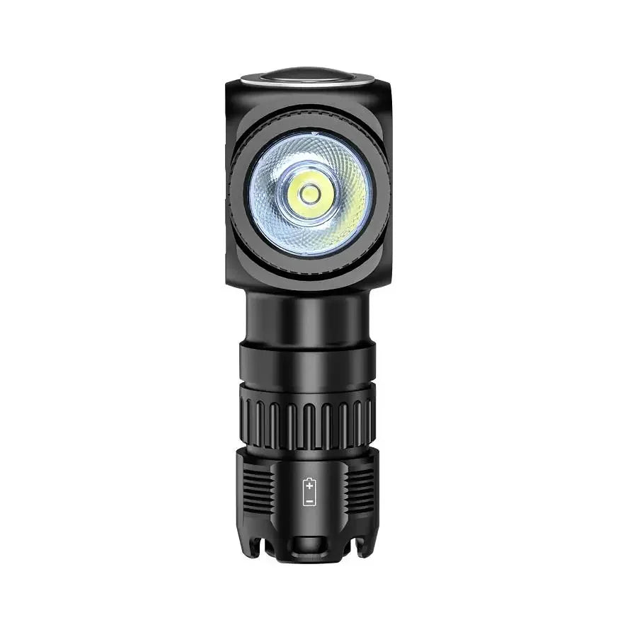 Black flashlight with a visible light source on a white background