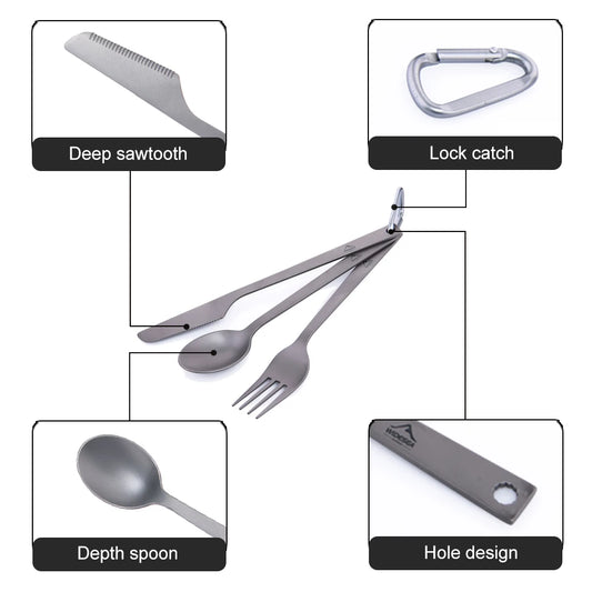 Diagram of a set of titanium cutlery with labeled features on a white background