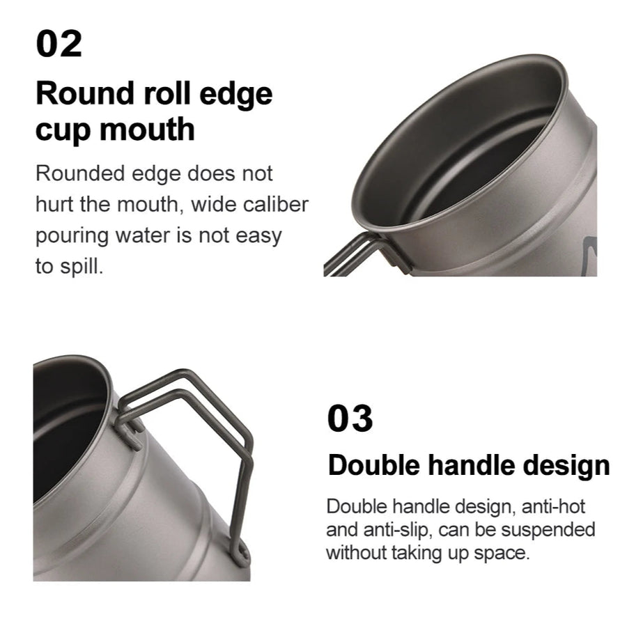 titanium cup with round roll edge and double handle design on a white background