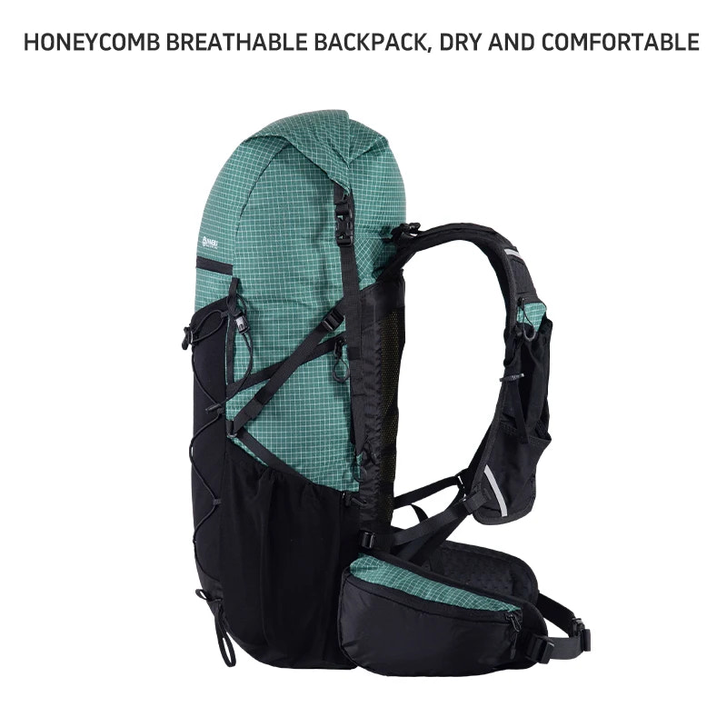 Green and black honeycomb backpack on a white background