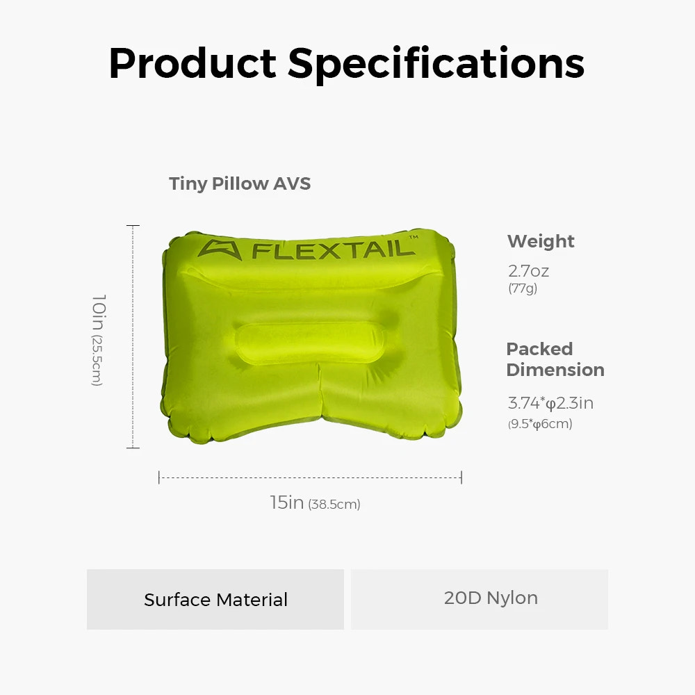 Yellow inflatable pillow with FlexTail branding and product specifications on a white background