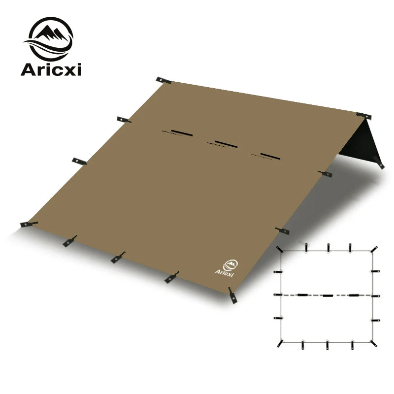 Brown camping tarp with black stakes and Aricxi logo on a white background